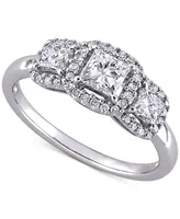 Diamond Princess Halo Three Stone Engagement Ring (1 ct. t.w.) 14k White Gold