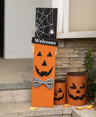 Glitzhome Double-Sided Wooden Scarecrow Pumpkin Porch Decor Halloween, 36"