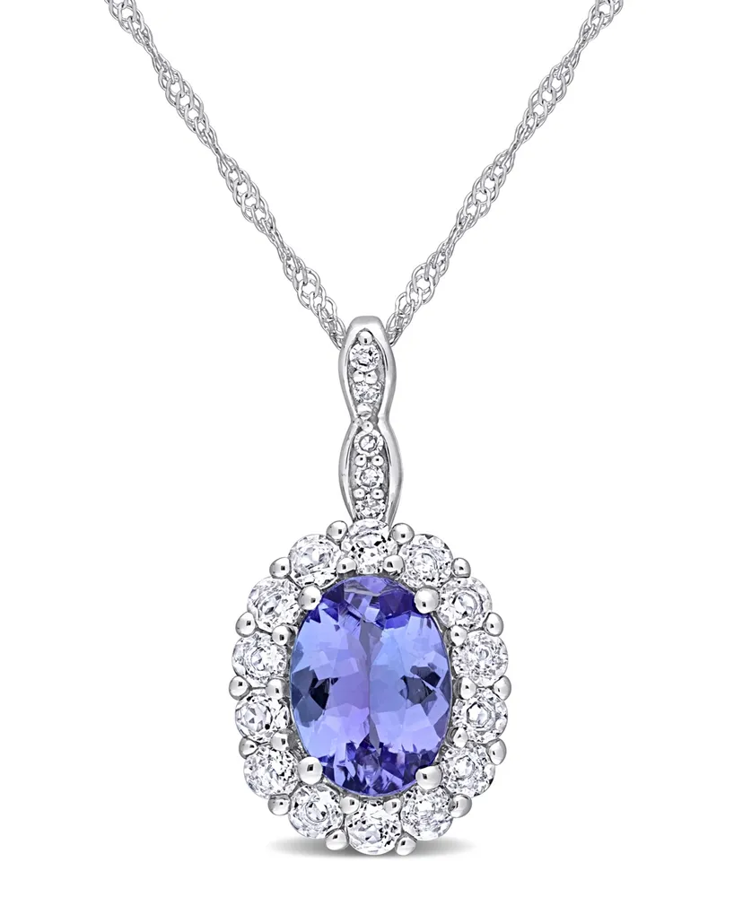 Tanzanite, Topaz and Diamond Accent Vintage-Like Halo Necklace in 14K White Gold