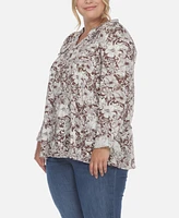 White Mark Plus Pleated Long Sleeve Floral Print Blouse