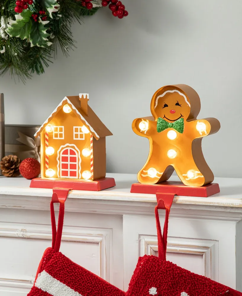 Glitzhome Marquee Led Gingerbread House Gingerbread Man Christmas Stocking Holder Set, 2 Piece