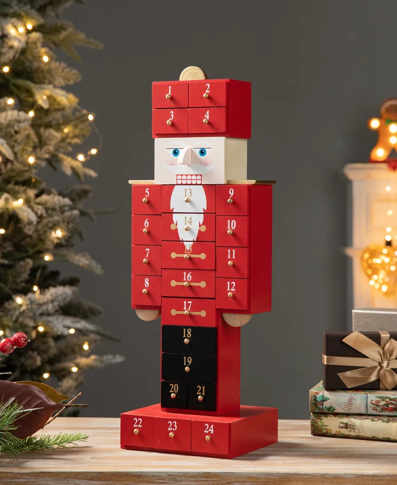 Glitzhome 17.25" Wooden Christmas Nutcracker Countdown Calendar Decor and Drawer