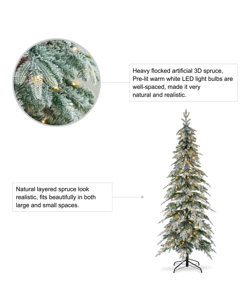 Glitzhome 7.5' Pre-Lit Flocked Pencil Spruce Artificial Christmas Tree with 350 Warm White Lights