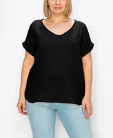 Coin 1804 Plus Gauze V-neck Rolled Sleeve Top