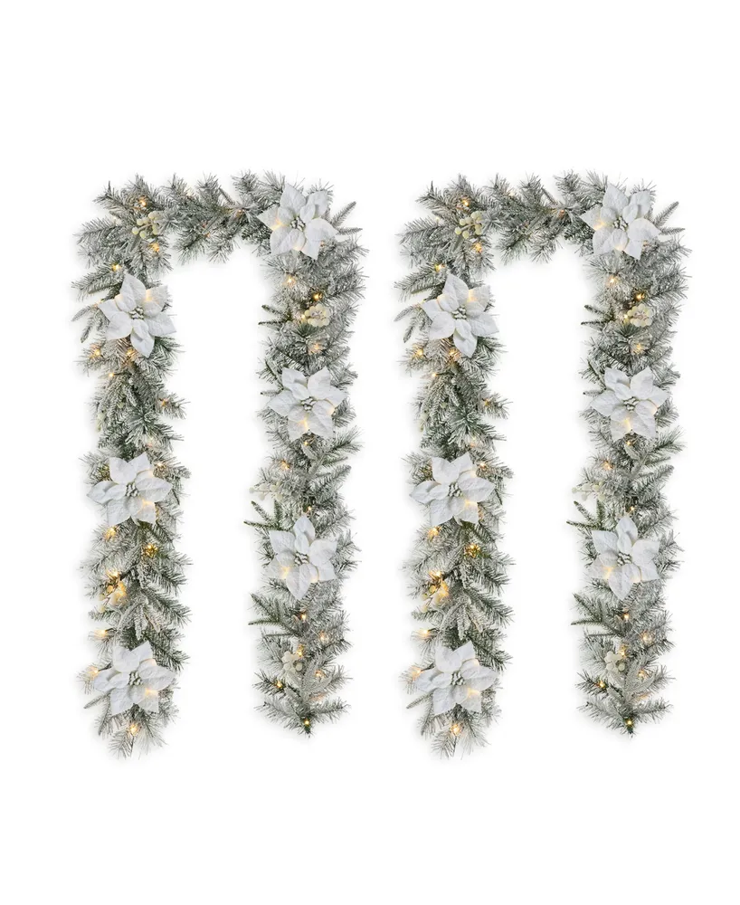 Glitzhome 9' Pre-Lit Snow Flocked Greenery Pine Poinsettia Christmas Garland with 50 Warm White Lights Set, 2 Piece