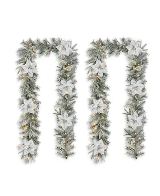 Glitzhome 9' Pre-Lit Snow Flocked Greenery Pine Poinsettia Christmas Garland with 50 Warm White Lights Set, 2 Piece