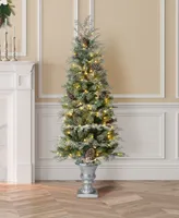 Glitzhome 5' Pre-Lit Pine Artificial Christmas Porch Tree with 180 Warm White Lights and Pine Cones Set, 2 Piece