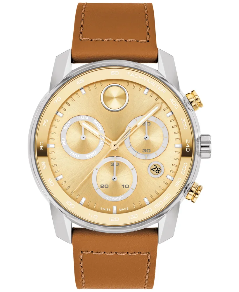 Movado Men's Swiss Chronograph Bold Verso Brown Leather Strap Watch 44mm