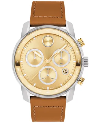 Movado Men's Swiss Chronograph Bold Verso Brown Leather Strap Watch 44mm