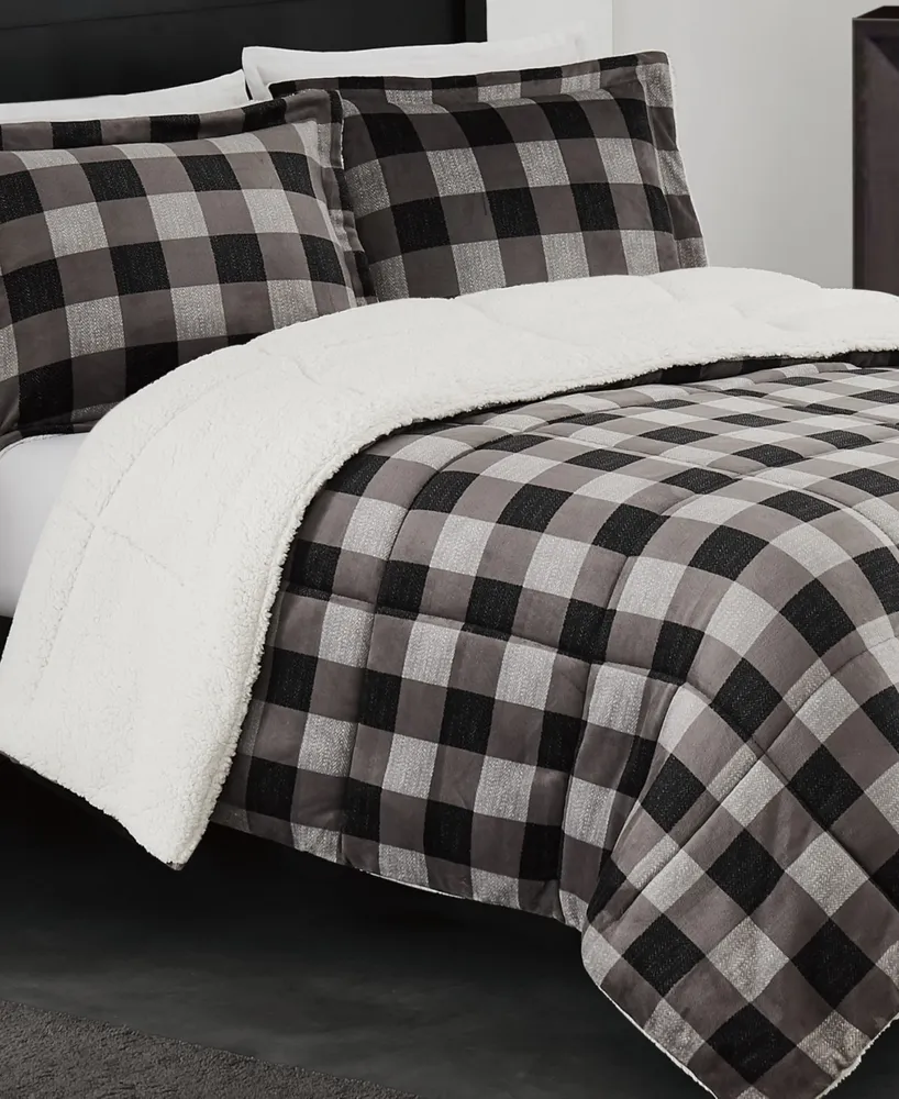 London Fog Herringbone Plaid 3 Piece Comforter Set, Full/Queen