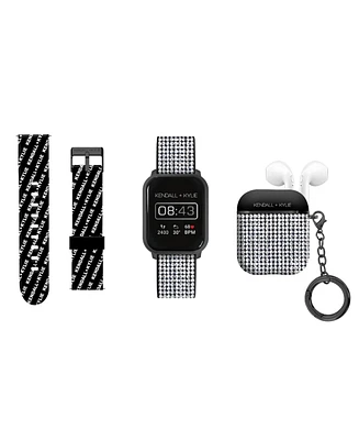 Kendall + Kylie Women's Black, Silver-Tone Silicone Strap Smartwatch With Earbud Set 34mm