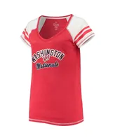 Women's Soft as a Grape Red Washington Nationals Curvy Colorblock Tri-Blend Raglan V-Neck T-shirt