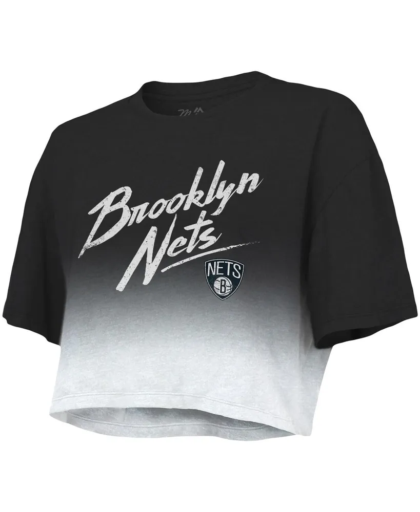 Women's Majestic Threads Black, White Brooklyn Nets Dirty Dribble Tri-Blend Cropped T-shirt