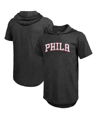 Men's Majestic Threads Heathered Black Philadelphia 76ers Wordmark Tri-Blend Hoodie T-shirt