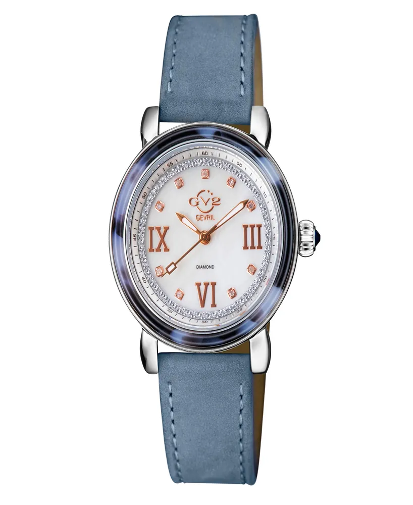 Gevril Women's Marsala Tortoise Swiss Quartz Italian Light Blue Leather Strap Watch 36mm - Silver