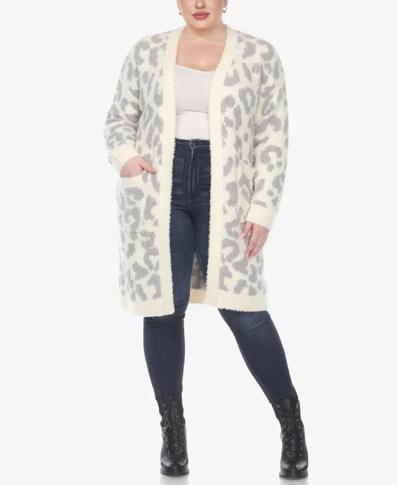 White Mark Plus Leopard Print Open Front Sherpa Sweater