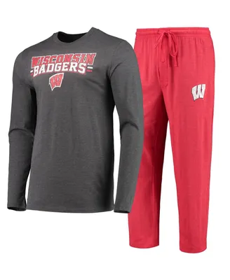 Men's Concepts Sport Red and Heathered Charcoal Wisconsin Badgers Meter Long Sleeve T-shirt and Pants Sleep Set