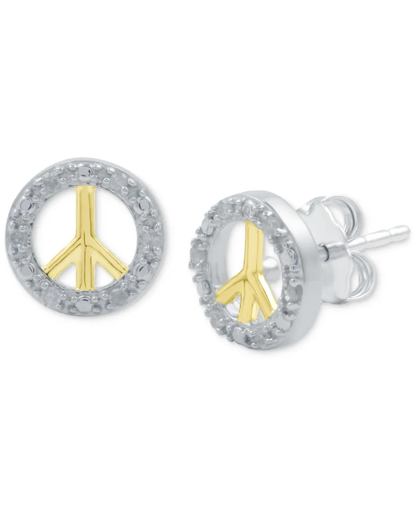 Diamond Peace Sign Stud Earrings (1/10 ct. t.w.) in Sterling Silver & 14k Gold-Plate - Two