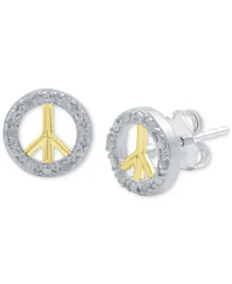 Diamond Peace Sign Stud Earrings (1/10 ct. t.w.) in Sterling Silver & 14k Gold-Plate - Two