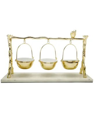 Classic Touch 3 Hanging Bowls on Branch and Bird Stand with Marble Base - Gold