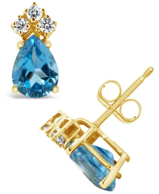 Blue Topaz (1-3/4 ct.t.w) and Diamond (1/8 ct.t.w) Stud Earrings in 14K Yellow Gold