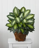 Nearly Natural Triple Golden Dieffenbachia Artificial Plant in Wood Vase