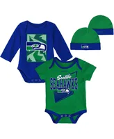 Newborn and Infant Boys and Girls Green, Royal Seattle Seahawks Victory Formation Throwback Three-Piece Bodysuit and Knit Hat Set