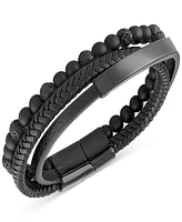 Men's Onyx & Lava Bead Triple Row Braided Leather Bracelet Black Ion-Plated Stainless Steel (Also Onyx/Sodalite)