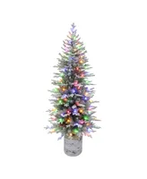 6' Pre-Lit Potted Flocked Arctic Fir Pencil Tree with 120 Color Select Led Lights, 1430 Tips