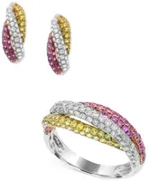 2 Pc. Set Yellow Pink Sapphire 2 1 2 Ct. T.W. Diamond 1 Ct. T.W. Earrings Ring In 14k White Gold