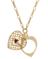 2028 Gold-Tone Pink Flower Heart Mirror Pendant Necklace