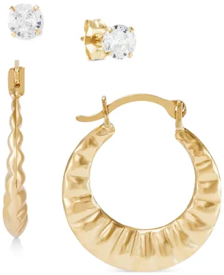 2-Pc. Set Cubic Zirconia Stud & Crimped Hoop Earrings in 10k Gold