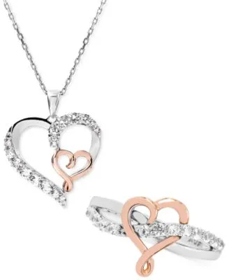 Lab Grown White Sapphire Twisted Heart Jewelry Collection In Sterling Silver Rose Gold Plate