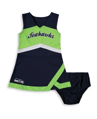 Little Girls College Navy, Neon Green Seattle Seahawks Cheer Captain Jumper Dress
