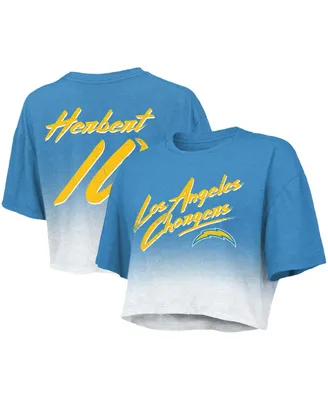 Women's Majestic Threads Justin Herbert Powder Blue, White Los Angeles Chargers Drip-Dye Player Name and Number Tri-Blend Crop T-shirt