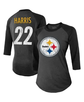 Women's Majestic Threads Najee Harris Black Pittsburgh Steelers Player Name and Number Raglan Tri-Blend 3/4-Sleeve T-shirt