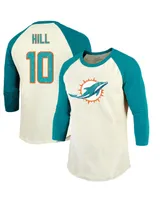 Men's Majestic Threads Tyreek Hill Cream, Aqua Miami Dolphins Name & Number Raglan 3/4 Sleeve T-shirt