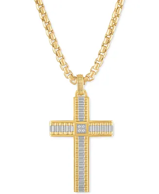 Esquire Men's Jewelry Diamond Two-Toned Religious Cross 22" Pendant Necklace (1/20 ct. t.w.) in Stainless Steel & Gold-Tone Ion