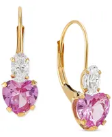 Lab-Grown Pink Sapphire (2 ct. t.w.) & Cubic Zirconia Heart Drop Earrings 14k Gold