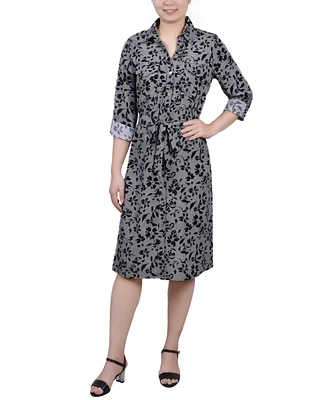 Ny Collection Petite Printed Long Sleeve Roll Tab Shirtdress