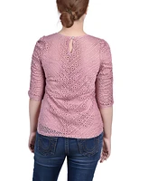 Ny Collection Petite Rouched Sleeve Lace Top