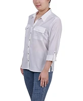 Ny Collection Petite 3/4 Roll Tab Blouse with Pockets