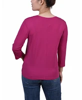 Ny Collection Petite 3/4 Sleeve Top with Illusion Neckline and Stones