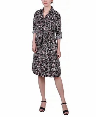 Ny Collection Petite Printed Long Sleeve Roll Tab Shirtdress