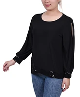 Ny Collection Petite Long Sleeve Knit Top with Sequin Hem