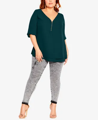 City Chic Plus Fashion Fling Elbow Sleeve Zip Neck Top