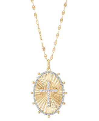 Lab-Grown White Sapphire (1/4 ct. t.w.) & Diamond Accent Cross Oval Pendant Necklace in 14k Gold-Plated Sterling Silver, 16" + 2" extender