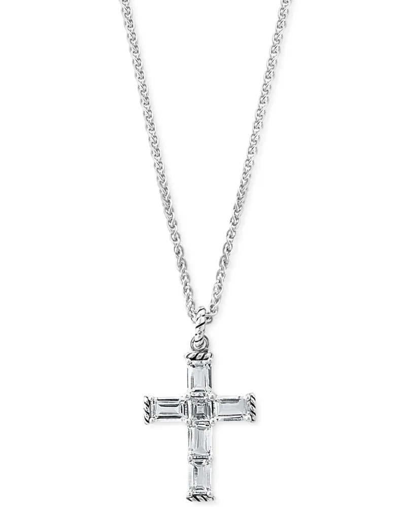 Effy White Topaz Square- & Emerald-Cut 18" Cross Pendant Necklace (5-1/10 ct. t.w.) in Sterling Silver