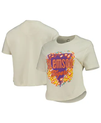 Women's Pressbox Cream Clemson Tigers Taylor Animal Print Cropped T-shirt