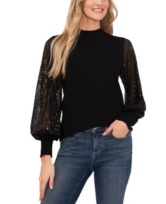 CeCe Women's Sheer-Sequin-Sleeve Mock-Neck Cotton Sweater